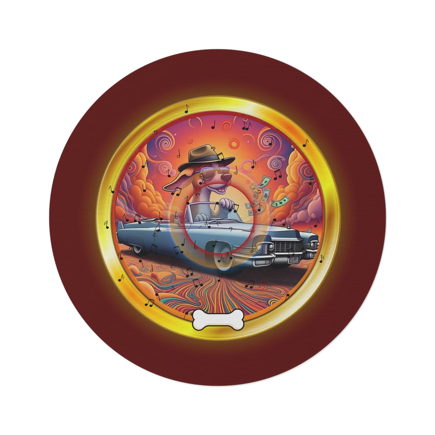 Round Room - 5 ft x 5 ft Lumpy Donut Rug - "Jimmy's Runaway Donut Rug" - vivid gold/orange pic donut w/dark red background - variant 4