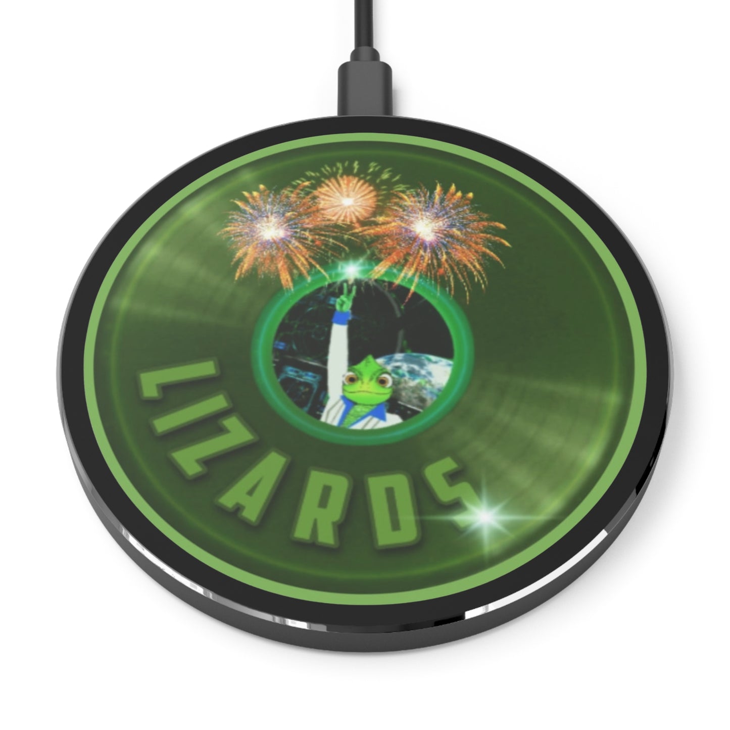 The Flow - Wireless Lumpy Donut Chargers - "Rutherford's Staying Alive via Wireless Power" - vivid green record donut w/black background - variant 1