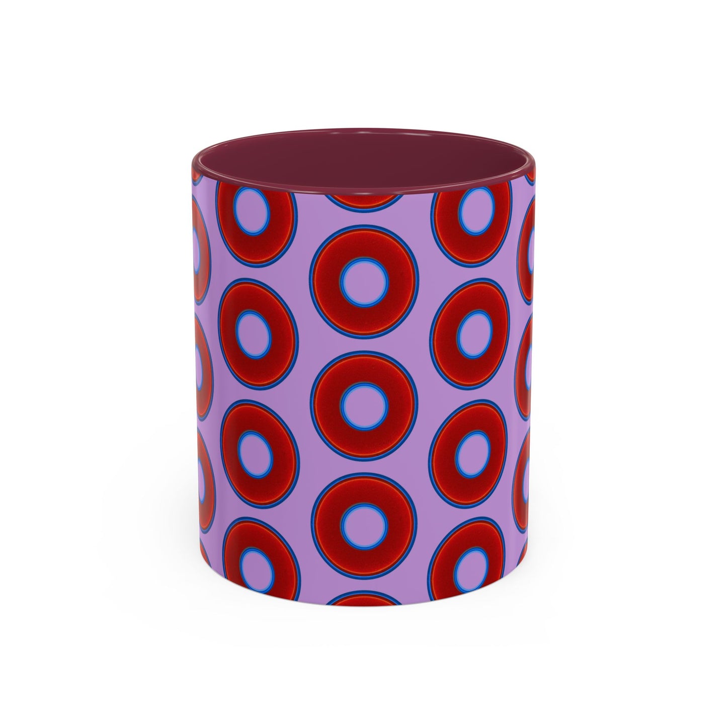 Lump's Grumpy Coffee Mug - vivid red donuts w/wisteria purple background