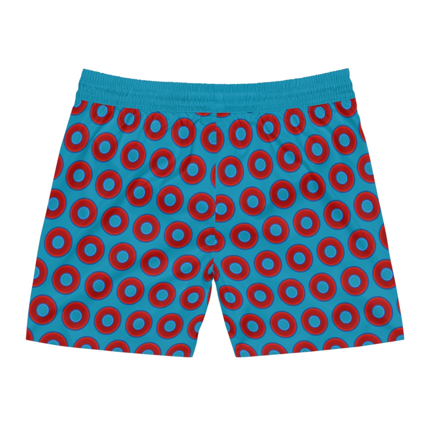 Men's Lumpy Swim Trunks - vivid red donut print w/aquamarine blue background