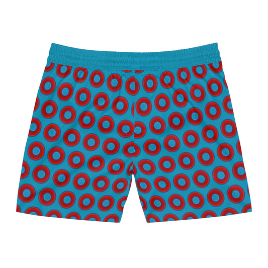 Men's Lumpy Swim Trunks - vivid red donut print w/aquamarine blue background