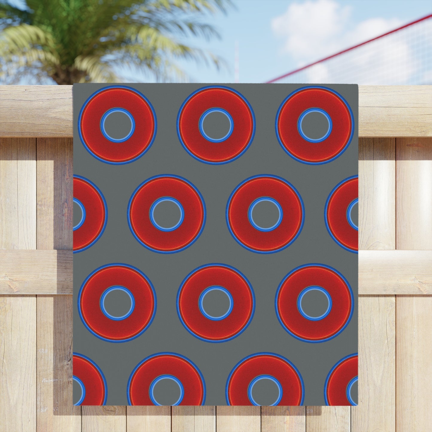 Lumpy Donut Towels - vivid red donuts w/dark gray background