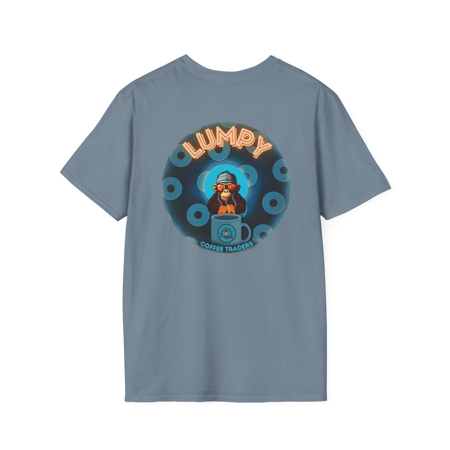 Coffee Traders Tee - Unisex Soft-Style - "Tasty Coffee" - paradoxical donut/cubed blue donut - variant 1 - It's Ice Cube's front/logo back
