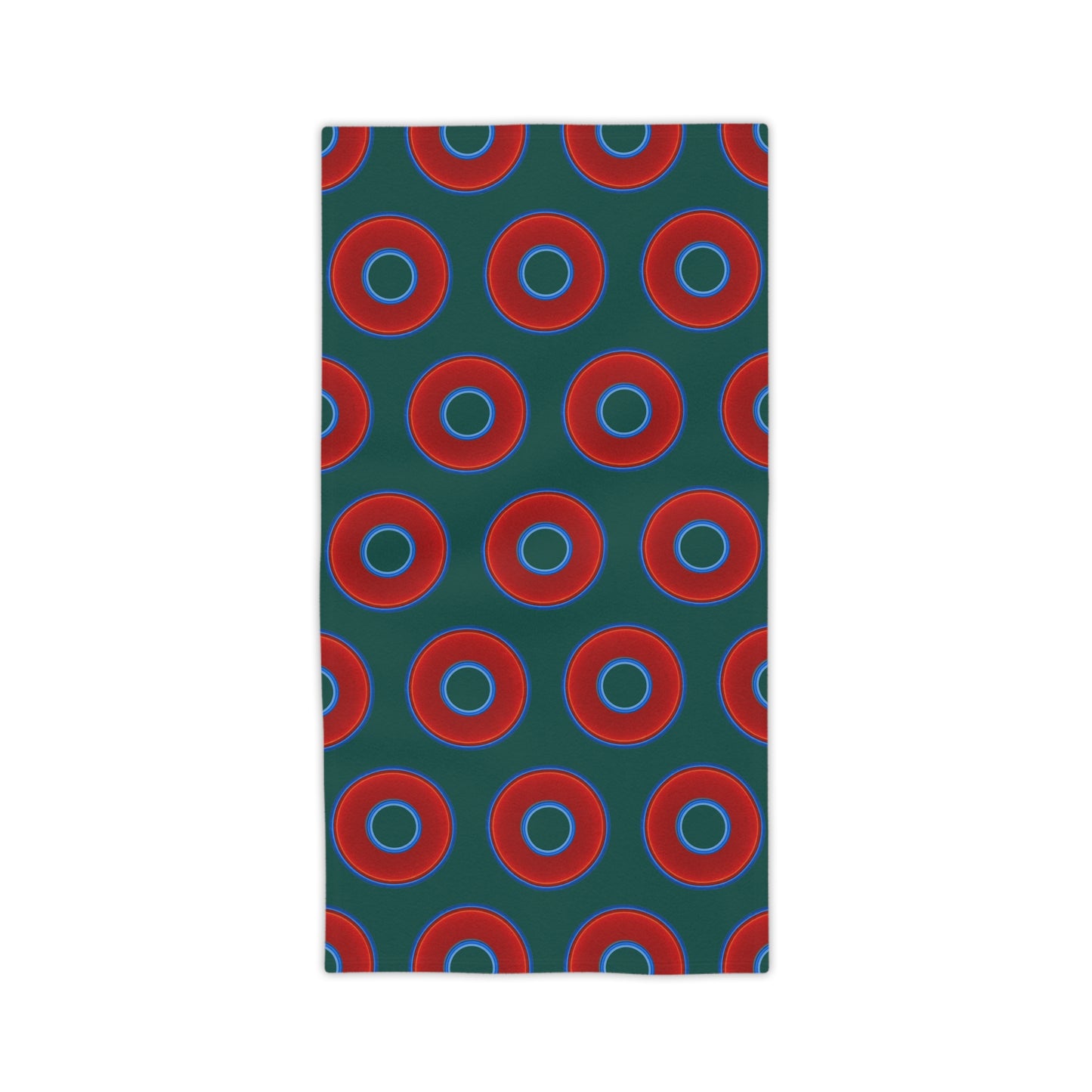 Lumpy Donut Towels - vivid red donuts w/dark Fenway green background