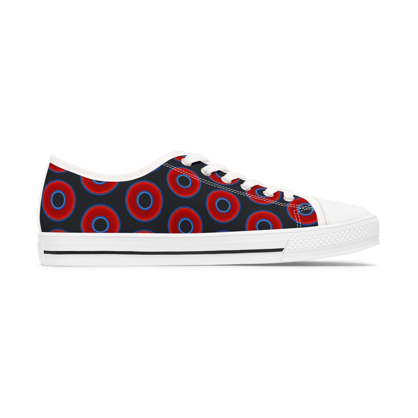 Women's - Low Top Chuck Taylors - large vivid red donut print w/blue charcoal background