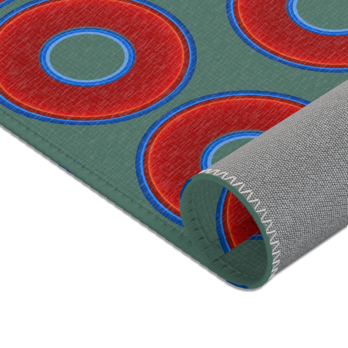 Lumpy Donut Print Rug - choice of 3 sizes - vivid red donut print w/Fenway green background