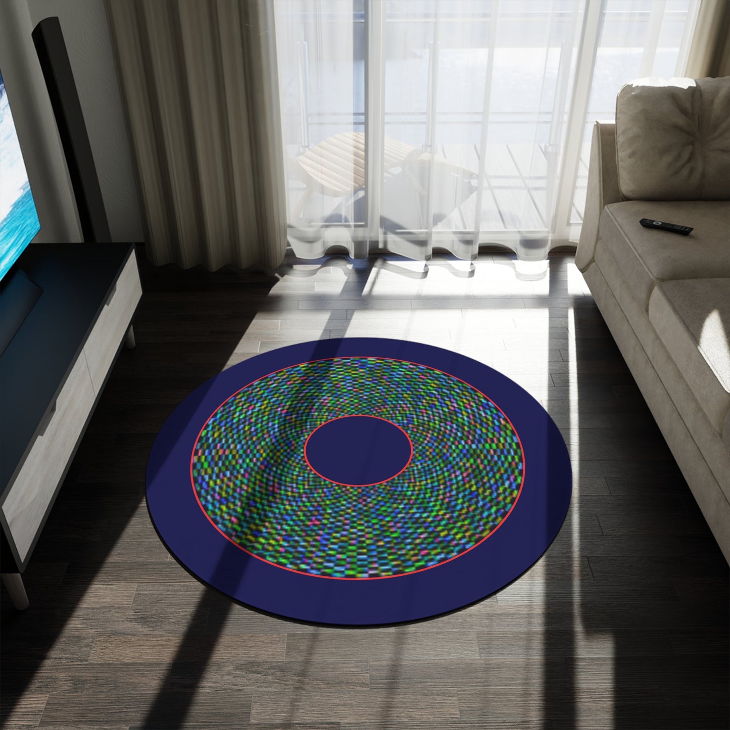 Round Room - 5 ft x 5 ft Lumpy Donut Rug - "Plain Donut" - pixilated multicolor donut w/navy background - variant 1