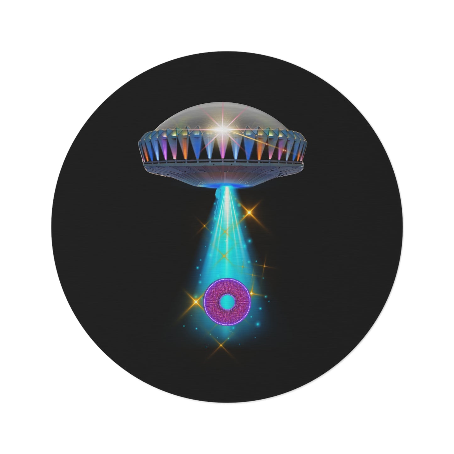 Round Room - 5 ft x 5 ft Lumpy Donut Rug - "They Have Rugs on the Mothership now" - mothership & donut w/black background - variant 2