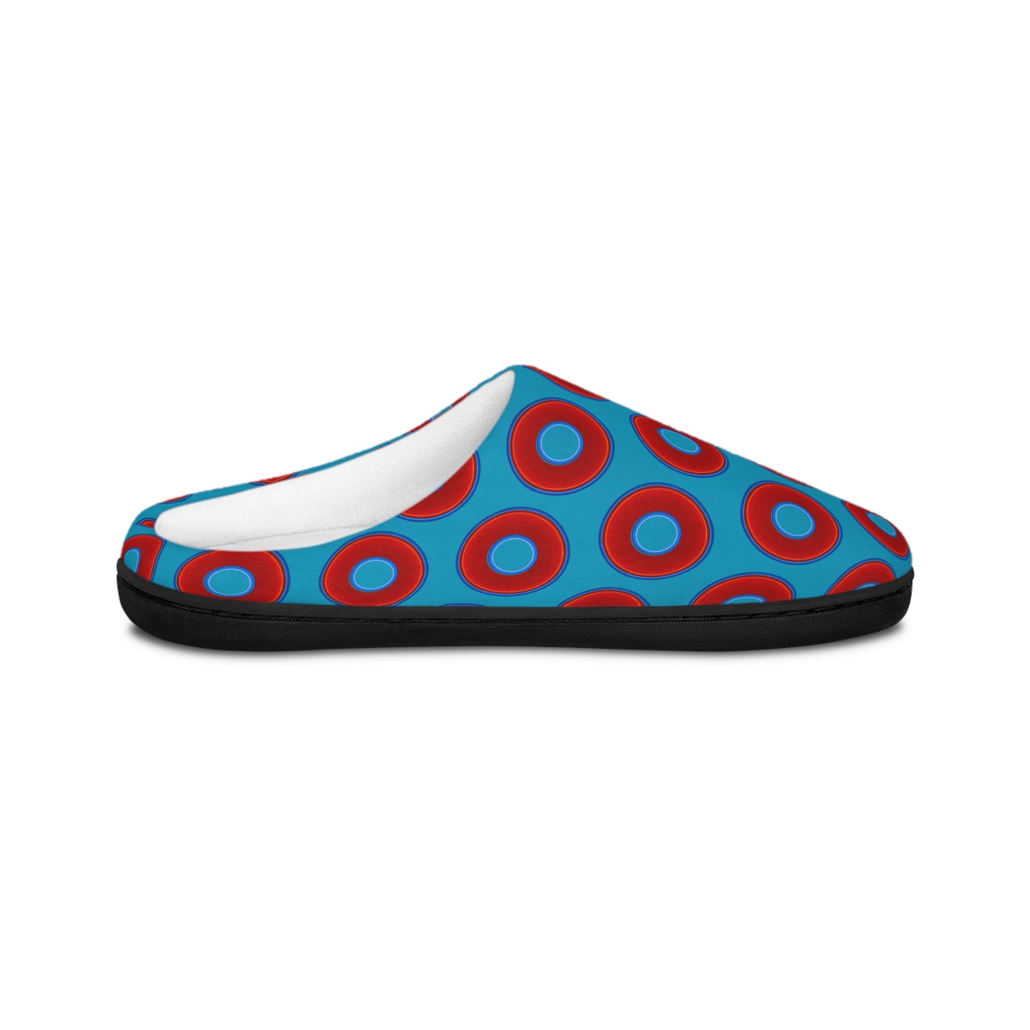 Men's Lumpy Slippers - red vivid donut print w/aquamarine blue background