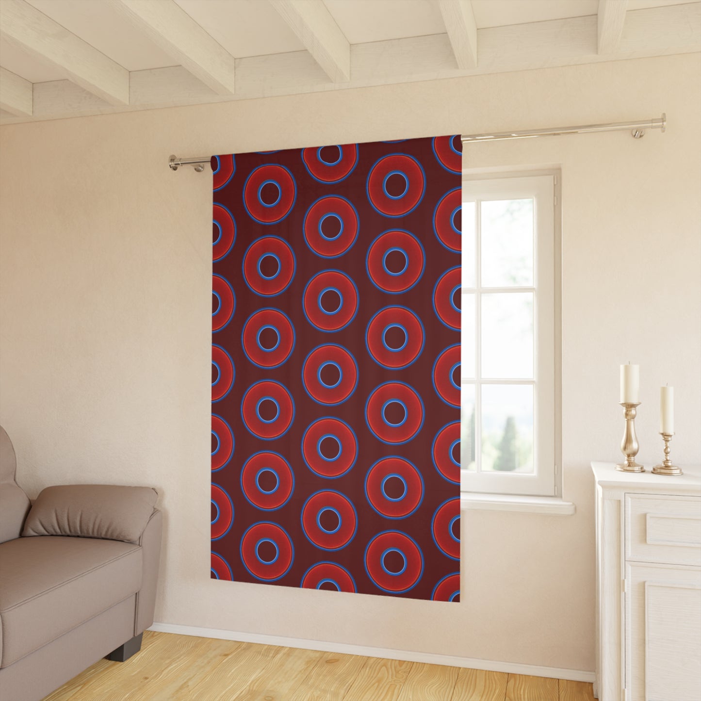 Lump's Heady Curtain w/Donuts - vivid red donut print - w/dark red background - [*1 Piece / 50" x 84"]