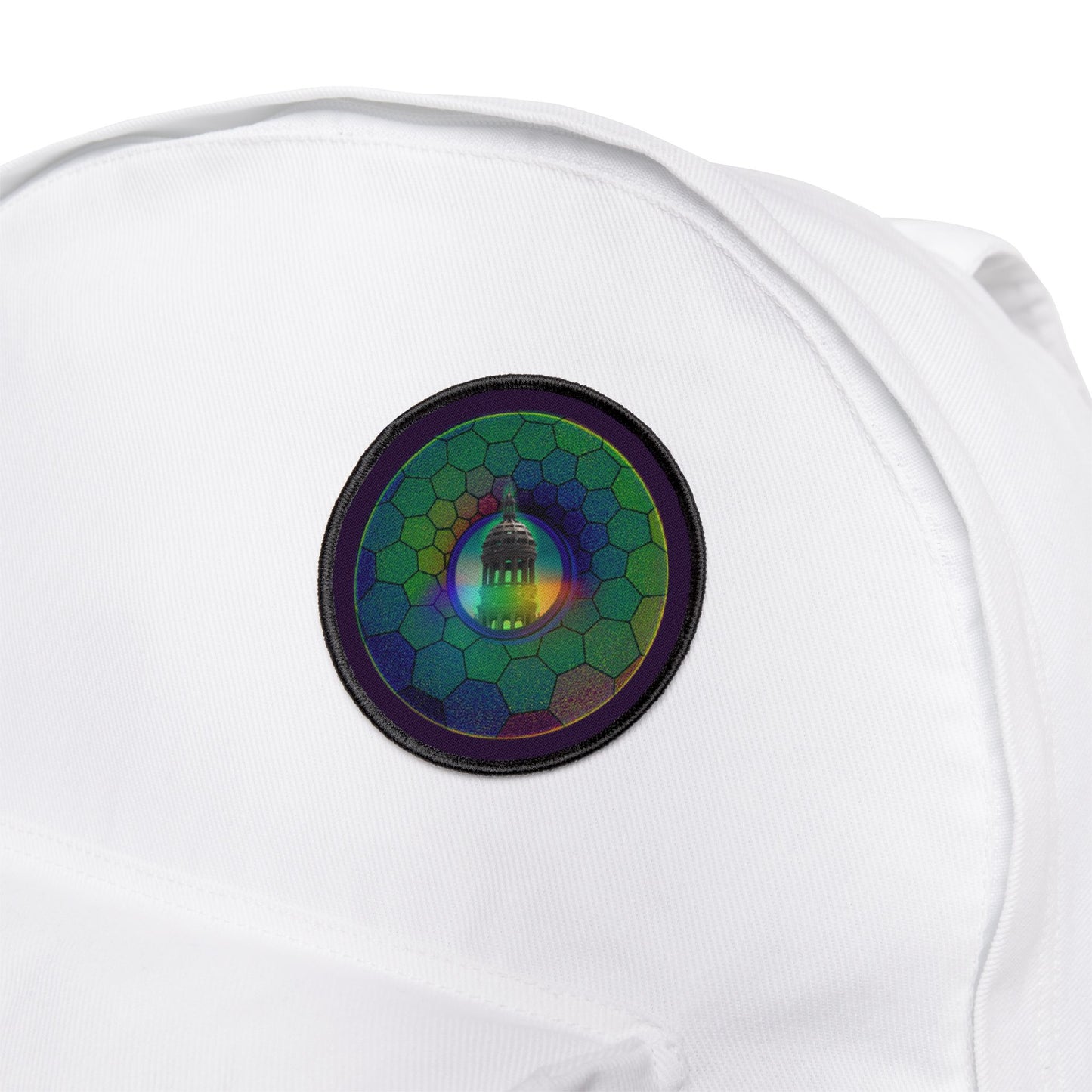 Iron-On Donut Patch - "Save Mondegreen City Hall" - green hexadonut - variant 2