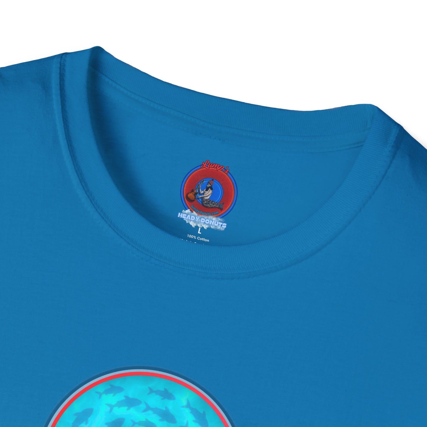 Classic Donut Tee - Unisex Soft-Style - "Skoolie of Phishies" - vivid sea donut - w/light blue water - variant 1