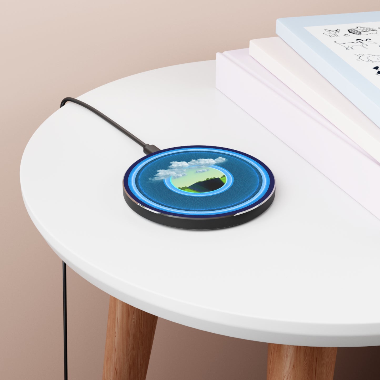 The Flow - Wireless Lumpy Donut Chargers - "Got Rhombus Wireless Charger?" - rustic light blue/blue donut w/navy background - variant 1