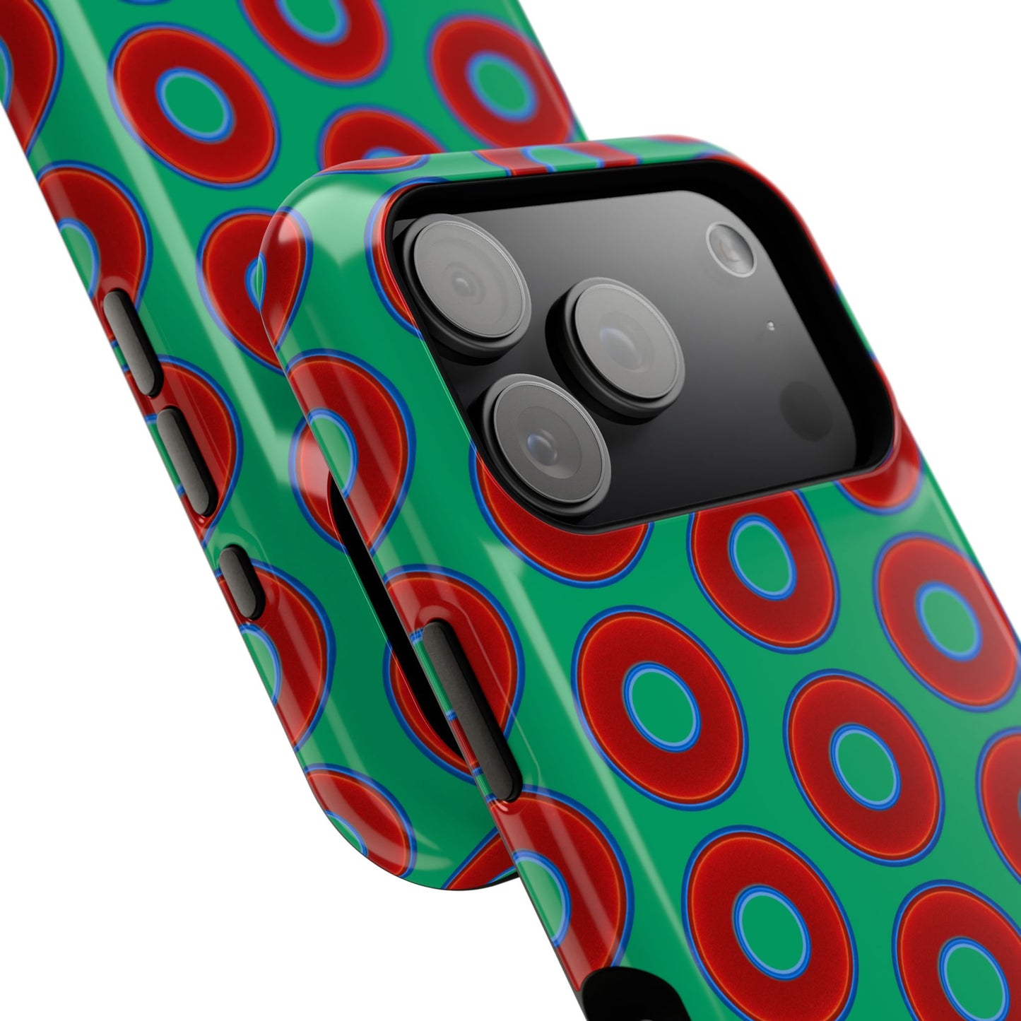 Impact-Resistant Lumpy Donut Case - red vivid donut print w/jade green background