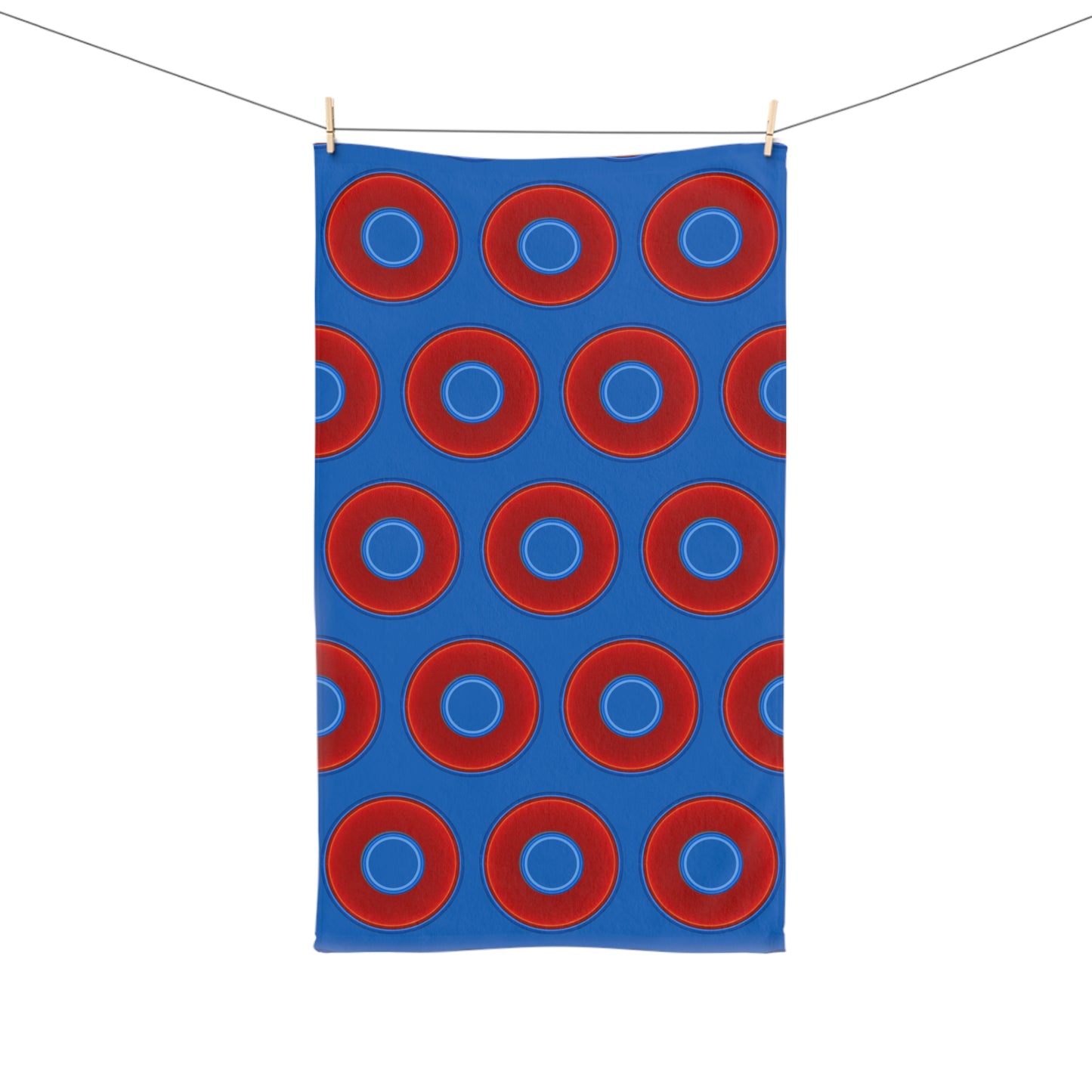 Lumpy Kitchen/Hand Towels - vivid red donuts w/dark royal blue background