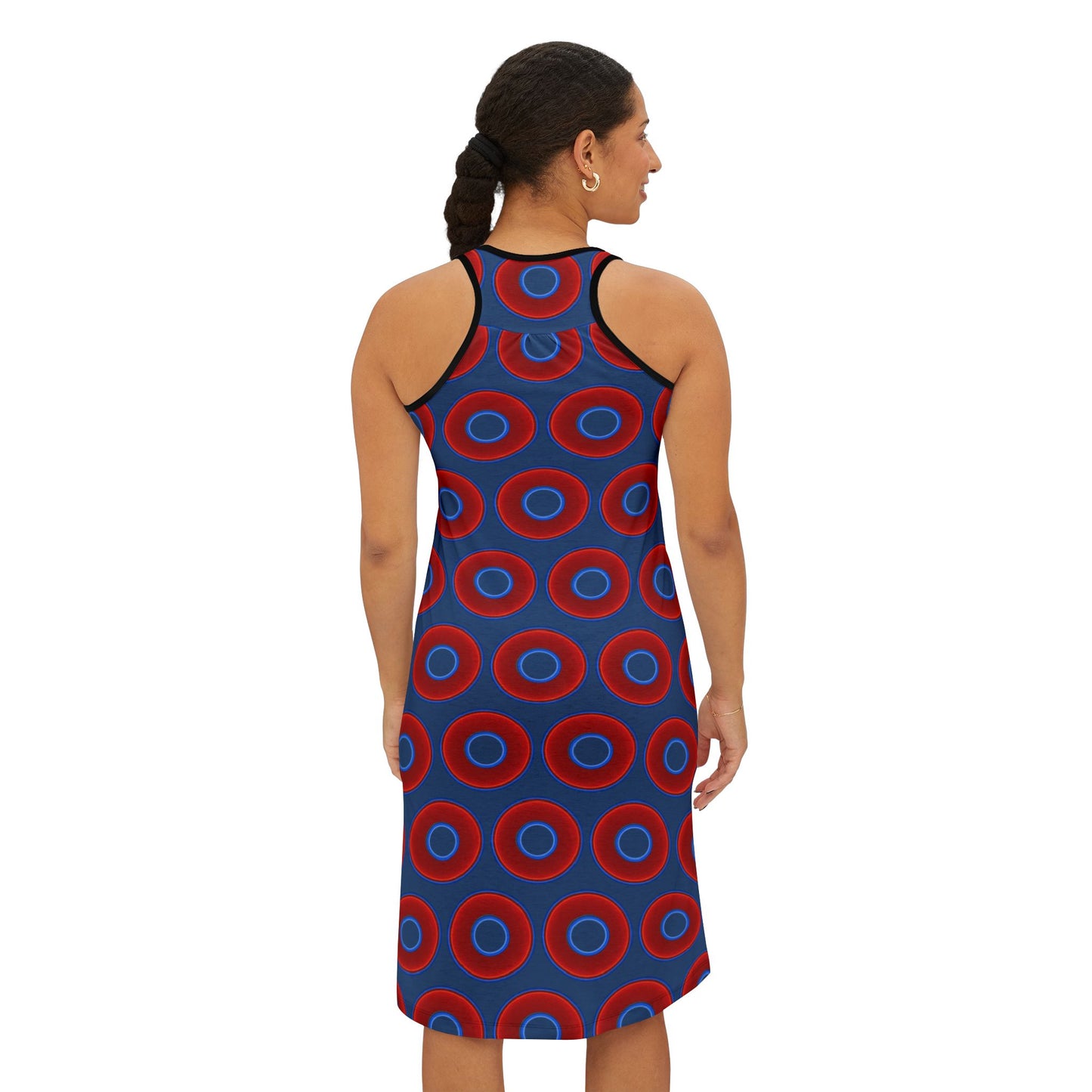 Tela's Lumpy Racerback Donut Dress - red vivid donut print w/light navy blue background