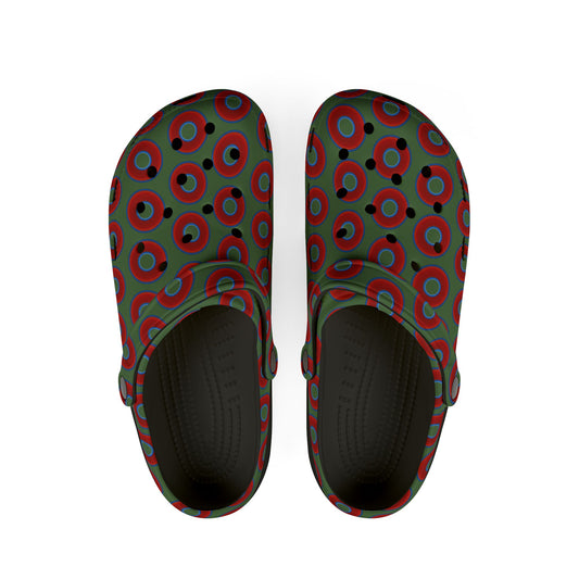 Spatchcocks - donut slip-on shoes - vivid red donuts w/dark green background [unisex]