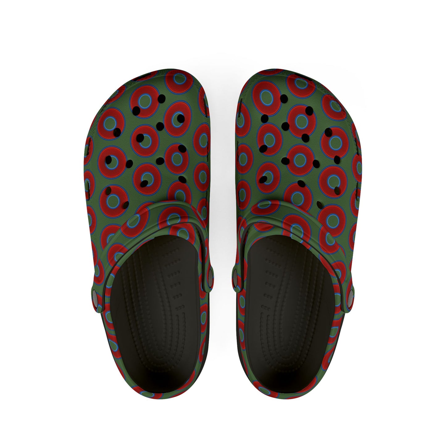 Spatchcocks - donut slip-on shoes - vivid red donuts w/dark Fenway green background [unisex]