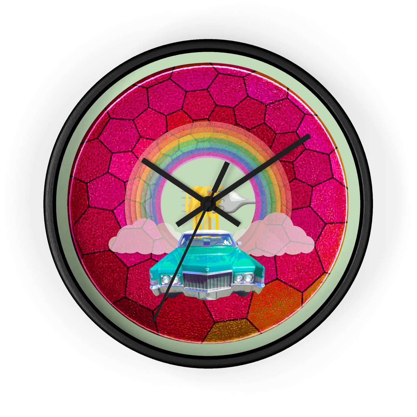 Lumpy Wall Clock - "Time for a Spaghetti Incident in my Caddy" - variant 3 - magenta hexadonut w/seafoam background