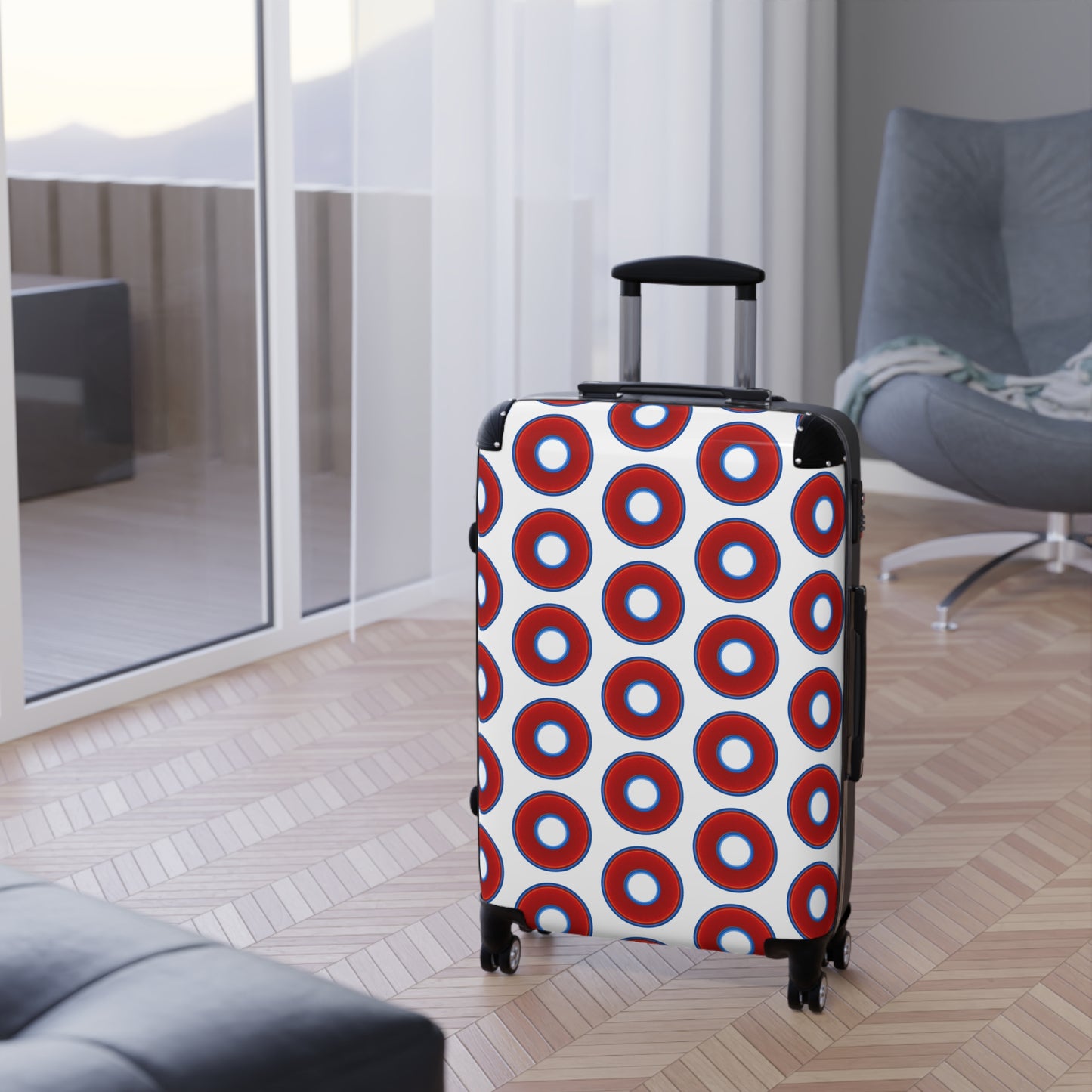 The Very Lumpy Donut Suitcase series - your choice of S, M or L - vivid red donut print w/white background