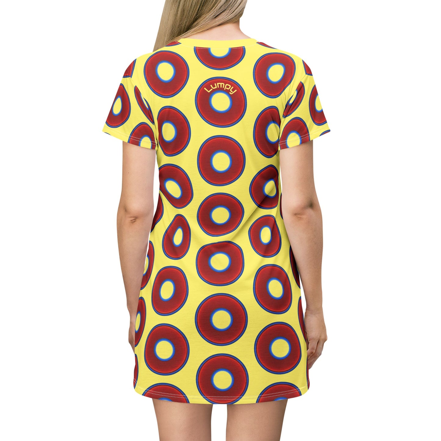 Not a Muumuu AOP Tee Shirt Dress - red vivid donuts w/yellow background