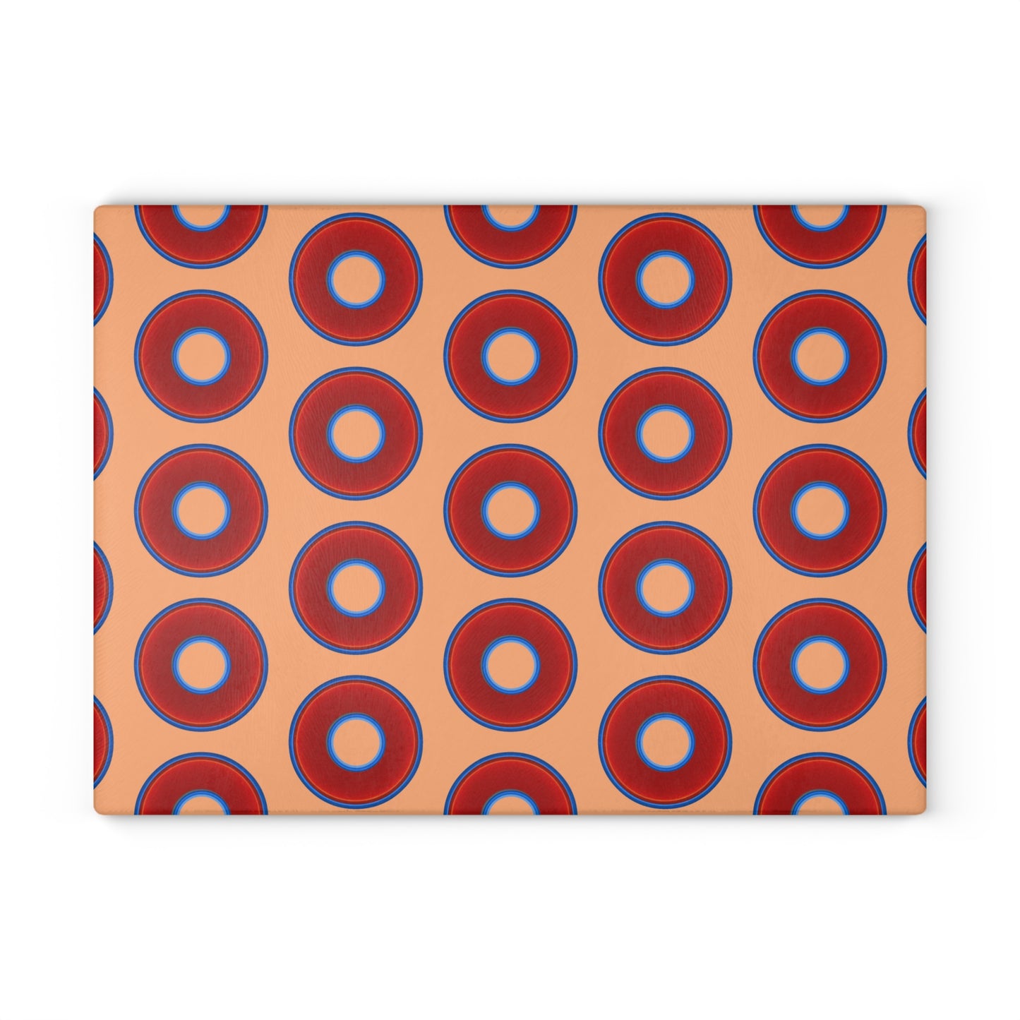 My Friend's Cutting Board - vivid red donuts w/peach background