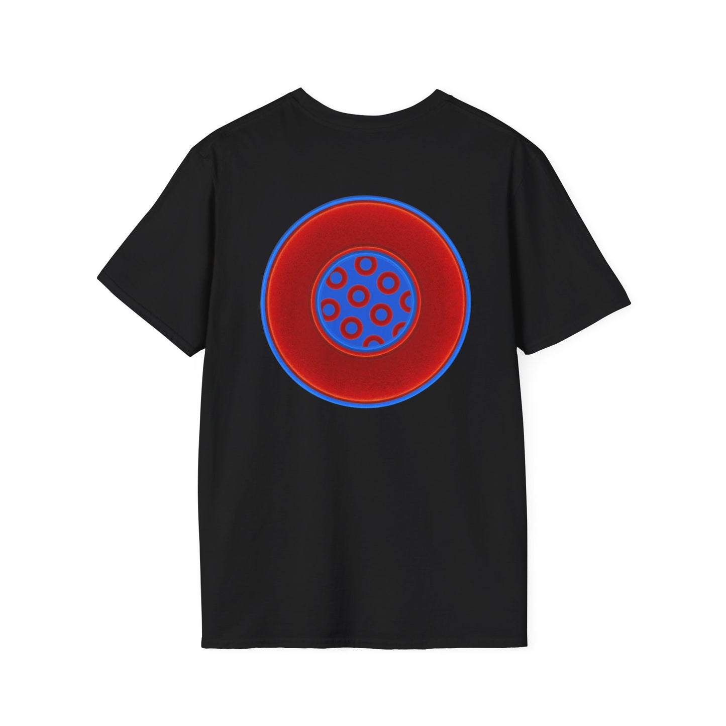 Classic Donut Tee - Unisex Soft-Style - "Portal Donut" - vivid red/blue donut  - w/royal blue - variant 1