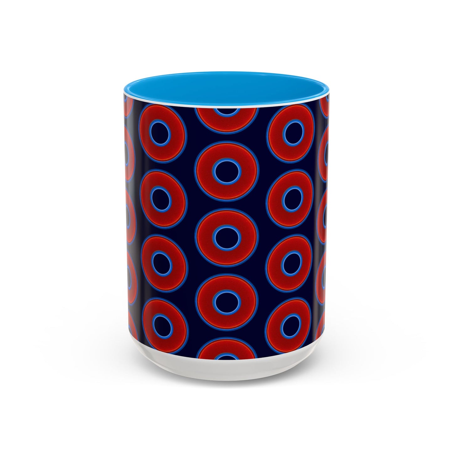 Lump's Grumpy Coffee Mug - vivid red donuts w/midnight blue background