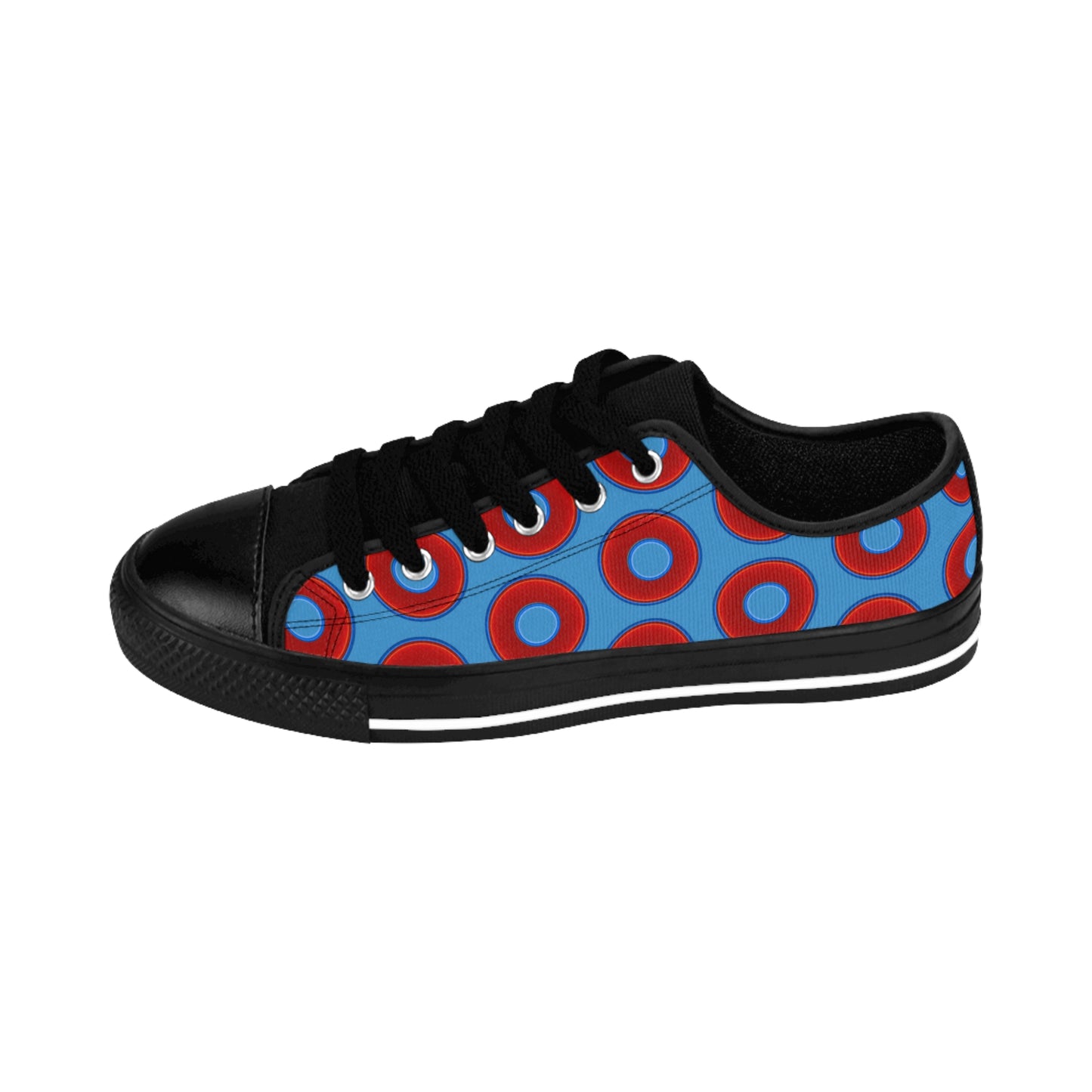 Women's Cushiony Convectors - Low Top - large red vivid donut print w/light steel blue background