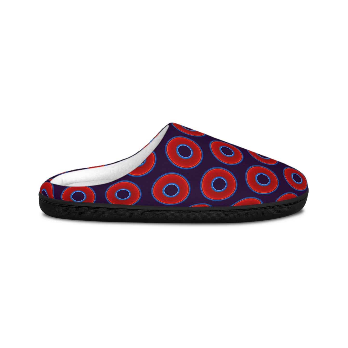 Men's Lumpy Slippers - red vivid donut print w/midnight purple background