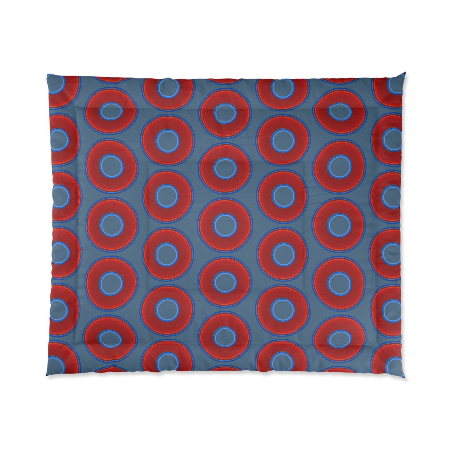 The Very Lumpy Comforter - vivid red donuts w/steel blue background