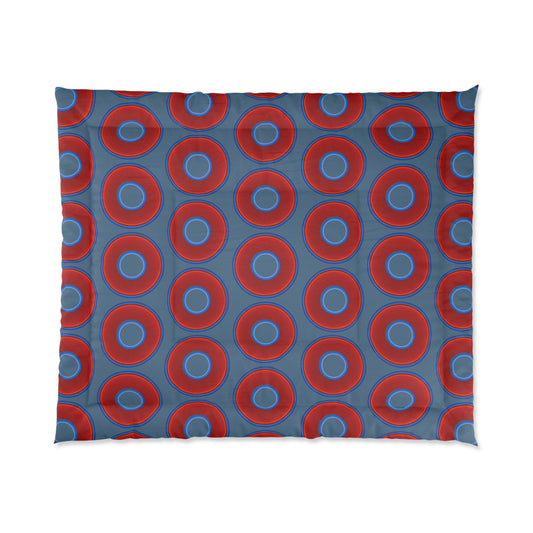 The Very Lumpy Comforter - vivid red donuts w/steel blue background