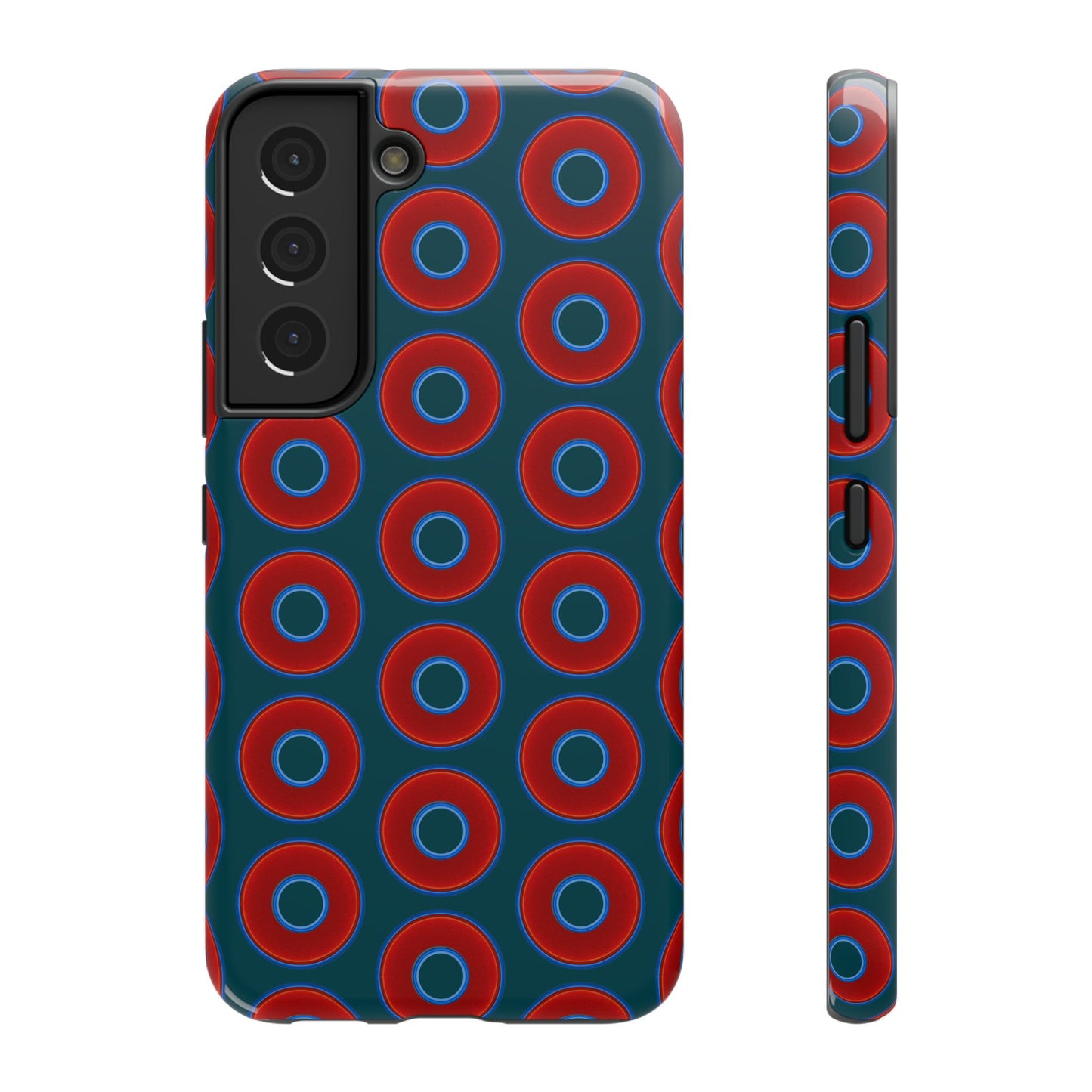 Impact-Resistant Lumpy Donut Case - red vivid donut print w/midnight green background