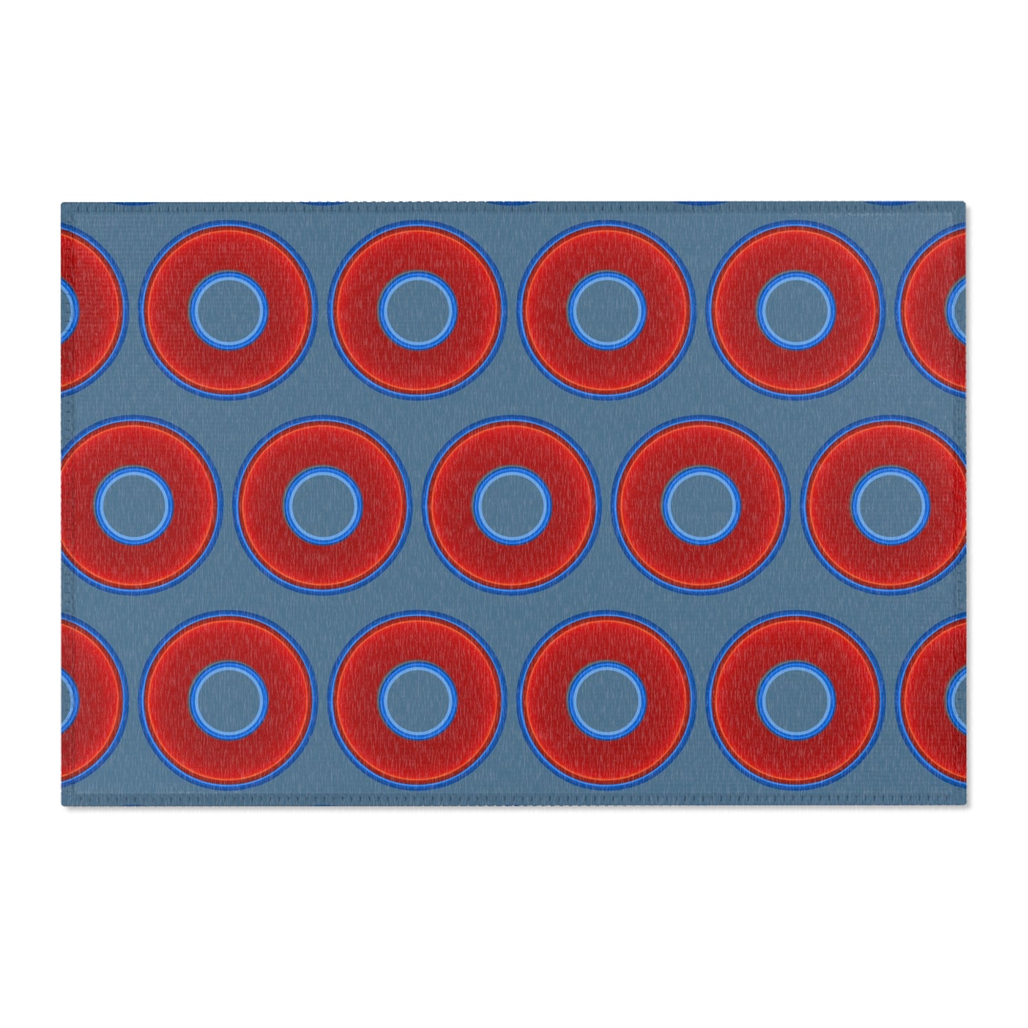 Lumpy Donut Print Rug - choice of 3 sizes - vivid red donut print w/steel blue background