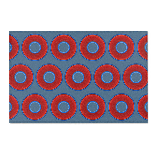 Lumpy Donut Print Rug - choice of 3 sizes - vivid red donut print w/steel blue background