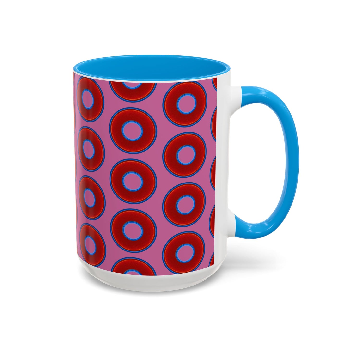 Lump's Grumpy Coffee Mug - vivid red donuts w/pink background