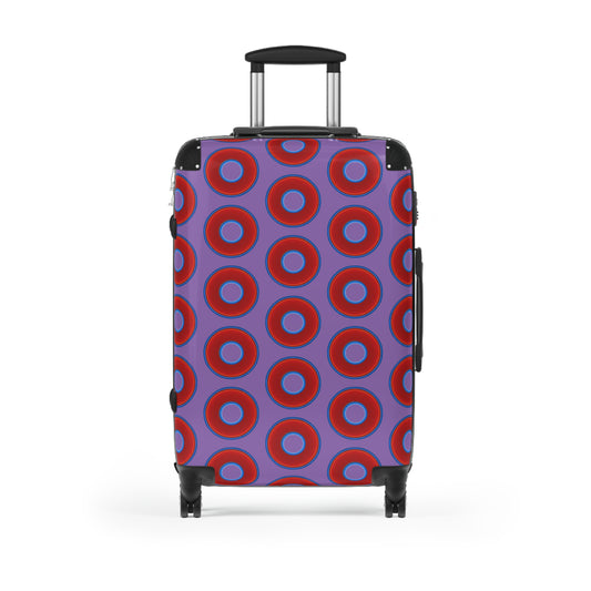 The Very Lumpy Donut Suitcase series - your choice of S, M or L - vivid red donut print w/light purple background