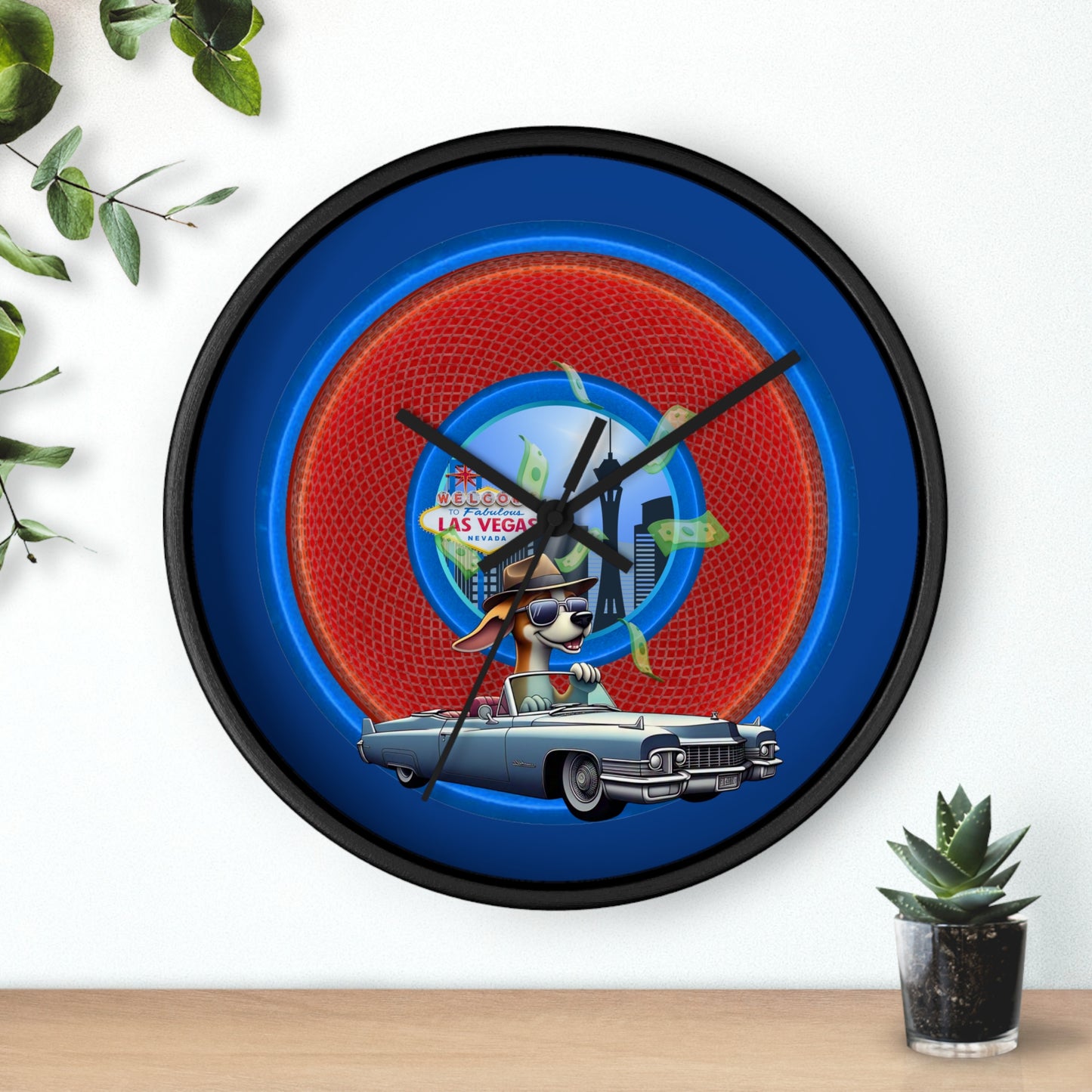 Lumpy Wall Clock - "Jimmy's Marathon Donuts" - variant 2 - rustic red donut w/dark blue background