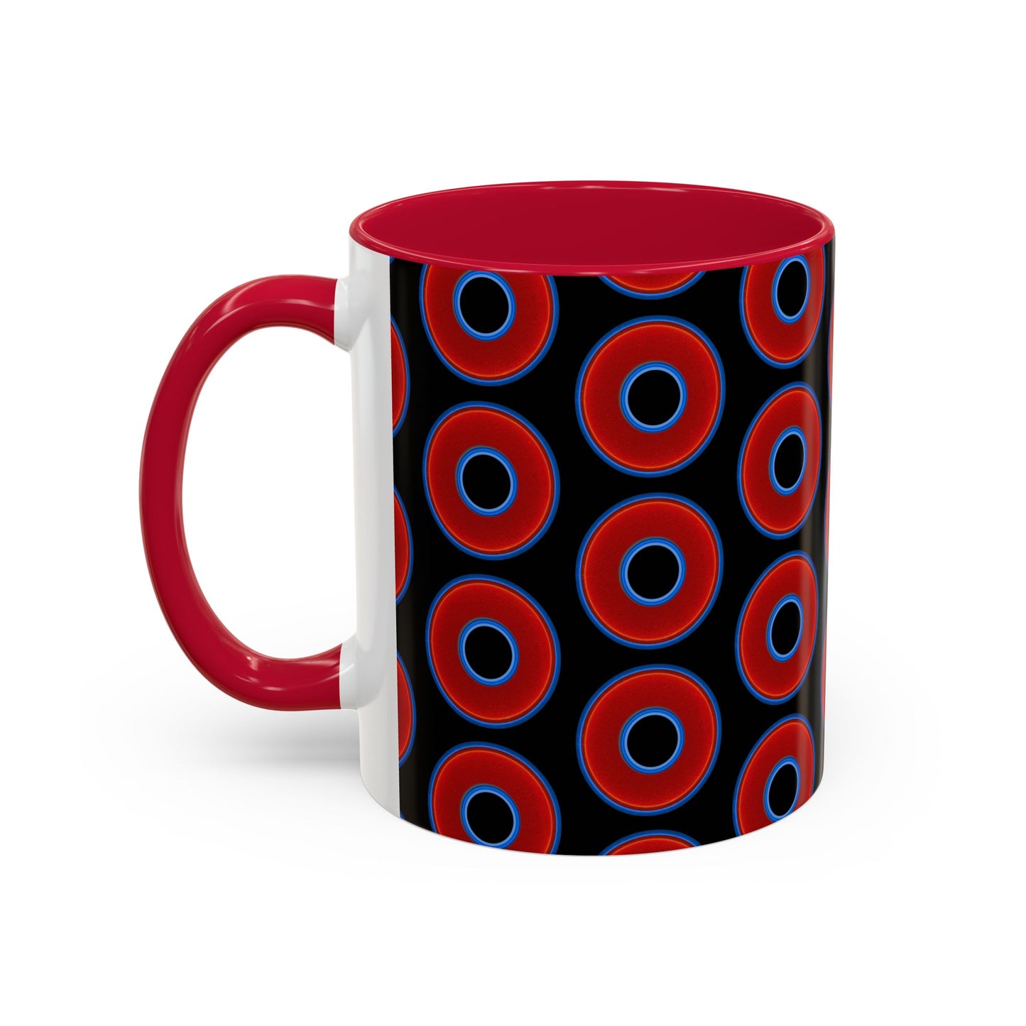 Lump's Grumpy Coffee Mug - vivid red donuts w/black background