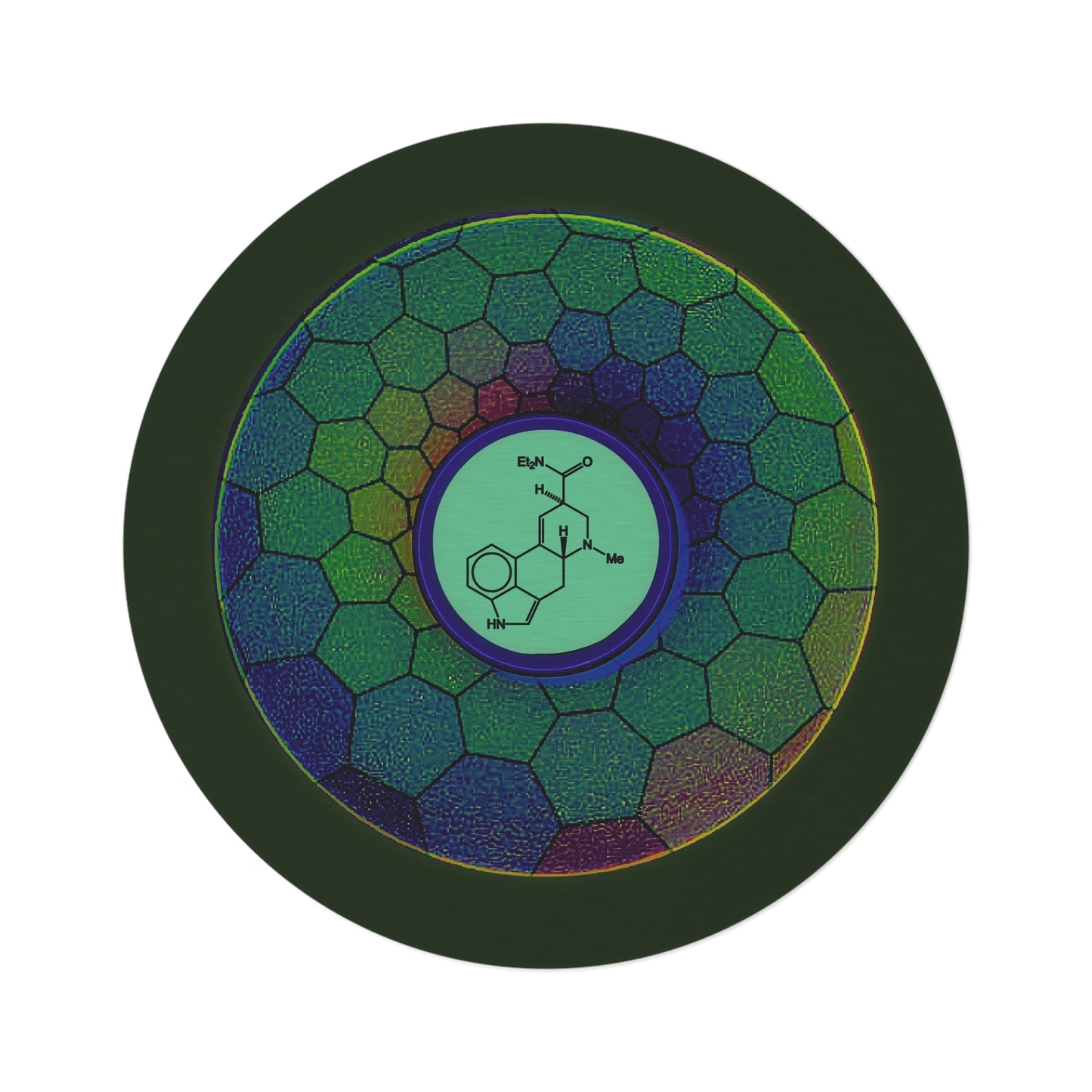 Round Room - 5 ft x 5 ft Lumpy Donut Rug - "Dr. Albert Hofmann's Donut" - green hexadonut w/deep forest green background - variant 3