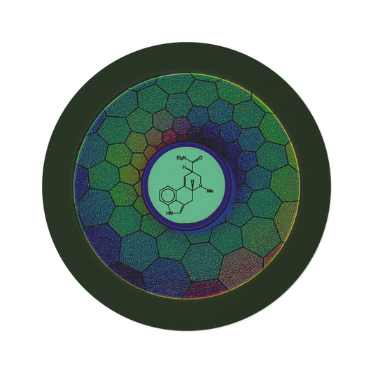 Round Room - 5 ft x 5 ft Lumpy Donut Rug - "Dr. Albert Hofmann's Donut" - green hexadonut w/deep forest green background - variant 3