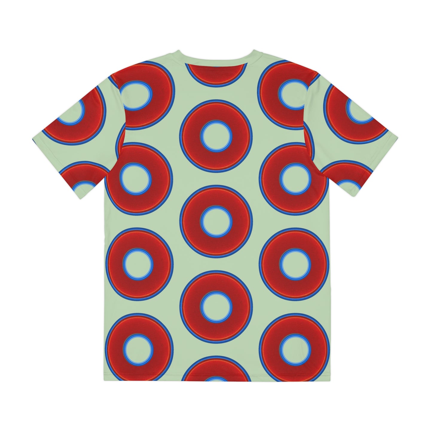 Multi-Beastie Giant Donut AOP Polyester Tee - red vivid donut print w/seafoam background
