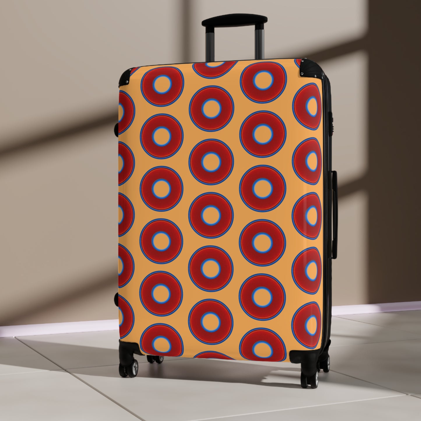 The Very Lumpy Donut Suitcase series - your choice of S, M or L - vivid red donut print w/creamcicle orange background