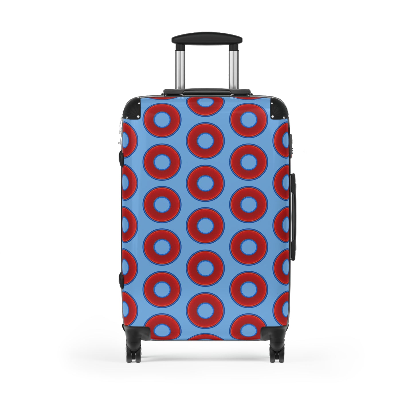 The Very Lumpy Donut Suitcase series - your choice of S, M or L - vivid red donut print w/light blue background
