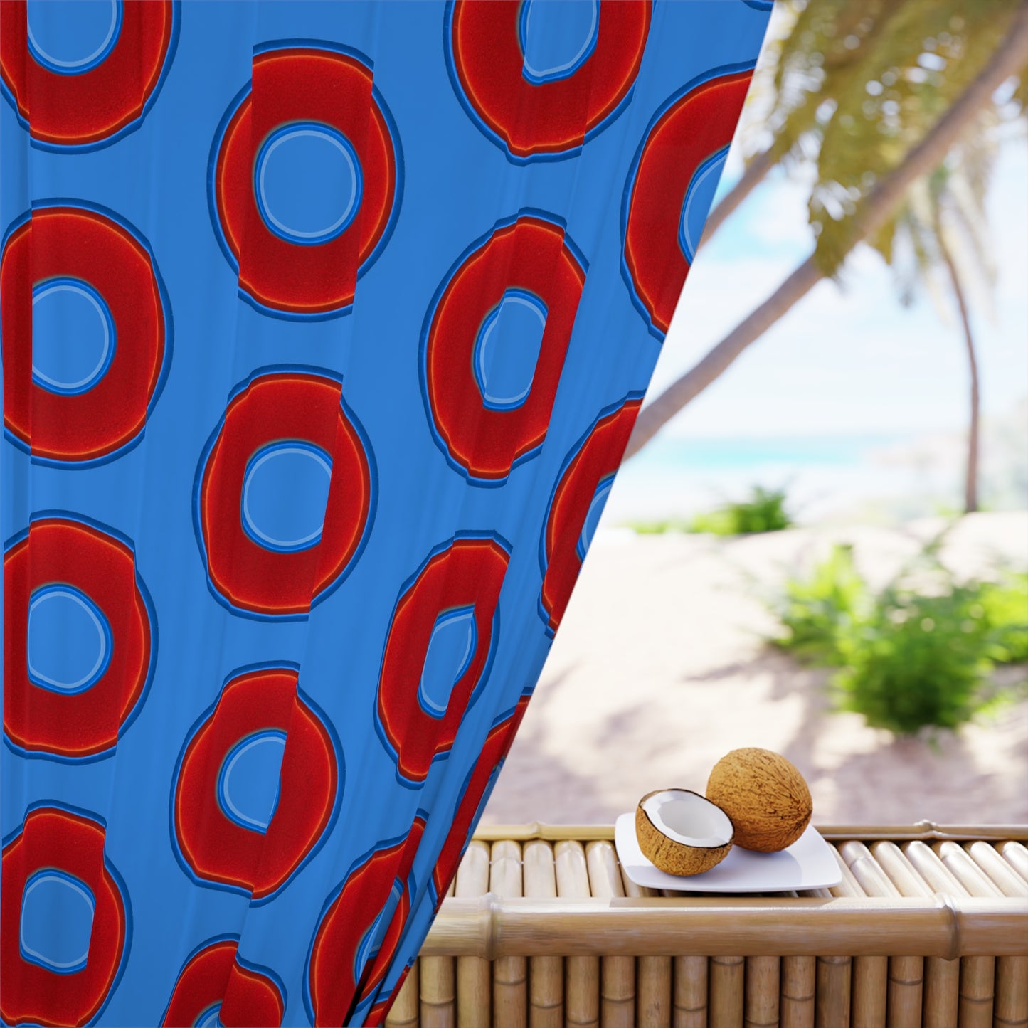 Lump's Heady Curtain w/Donuts - vivid red donut print - w/light royal blue background - [*1 Piece / 50" x 84"]
