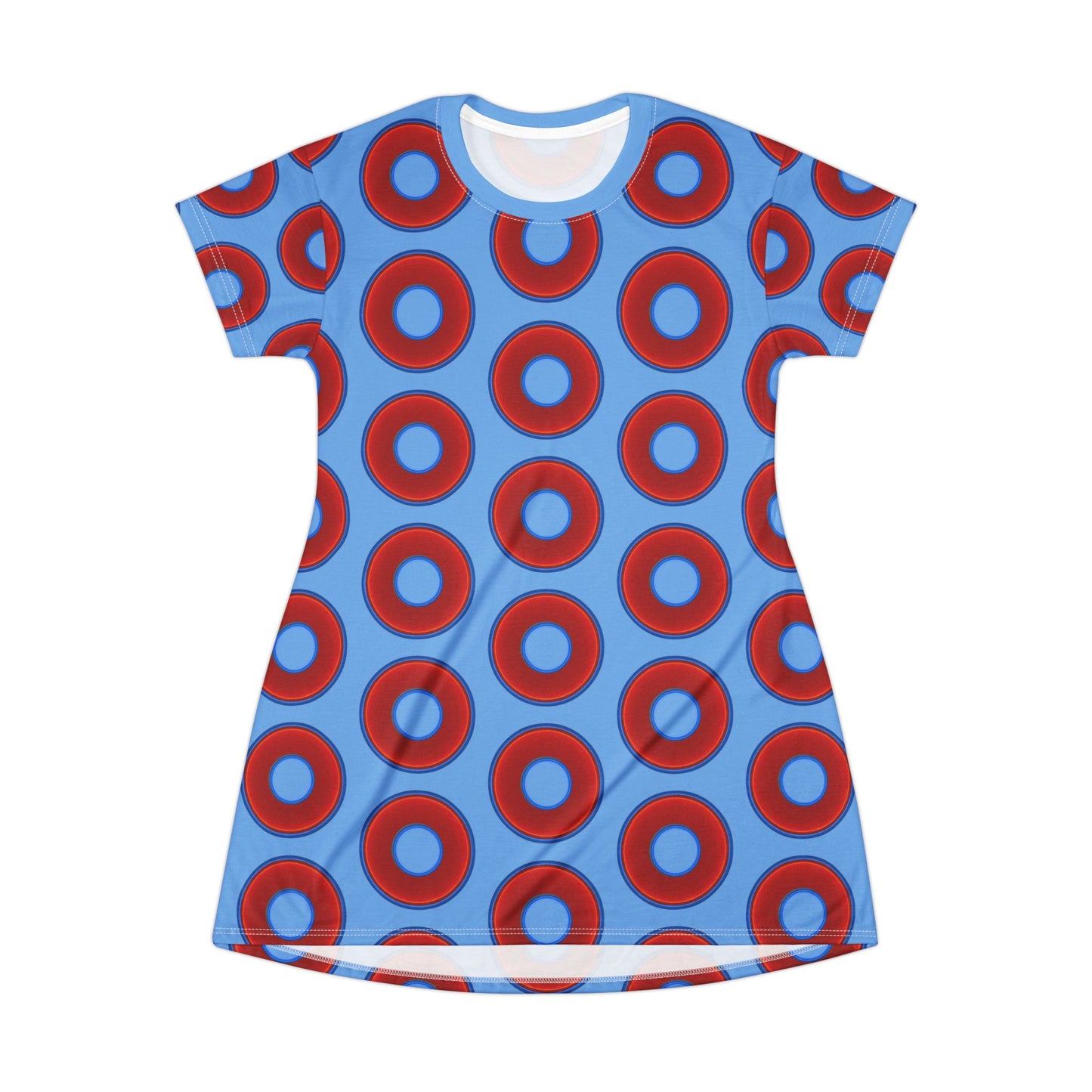Not a Muumuu AOP Tee Shirt Dress - red vivid donuts w/light blue background