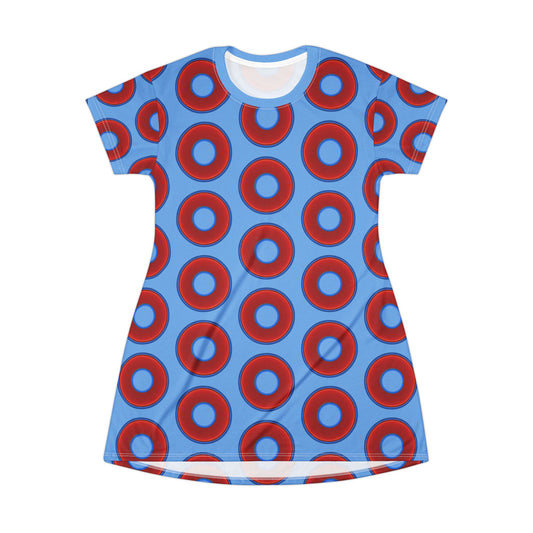 Not a Muumuu AOP Tee Shirt Dress - red vivid donuts w/light blue background