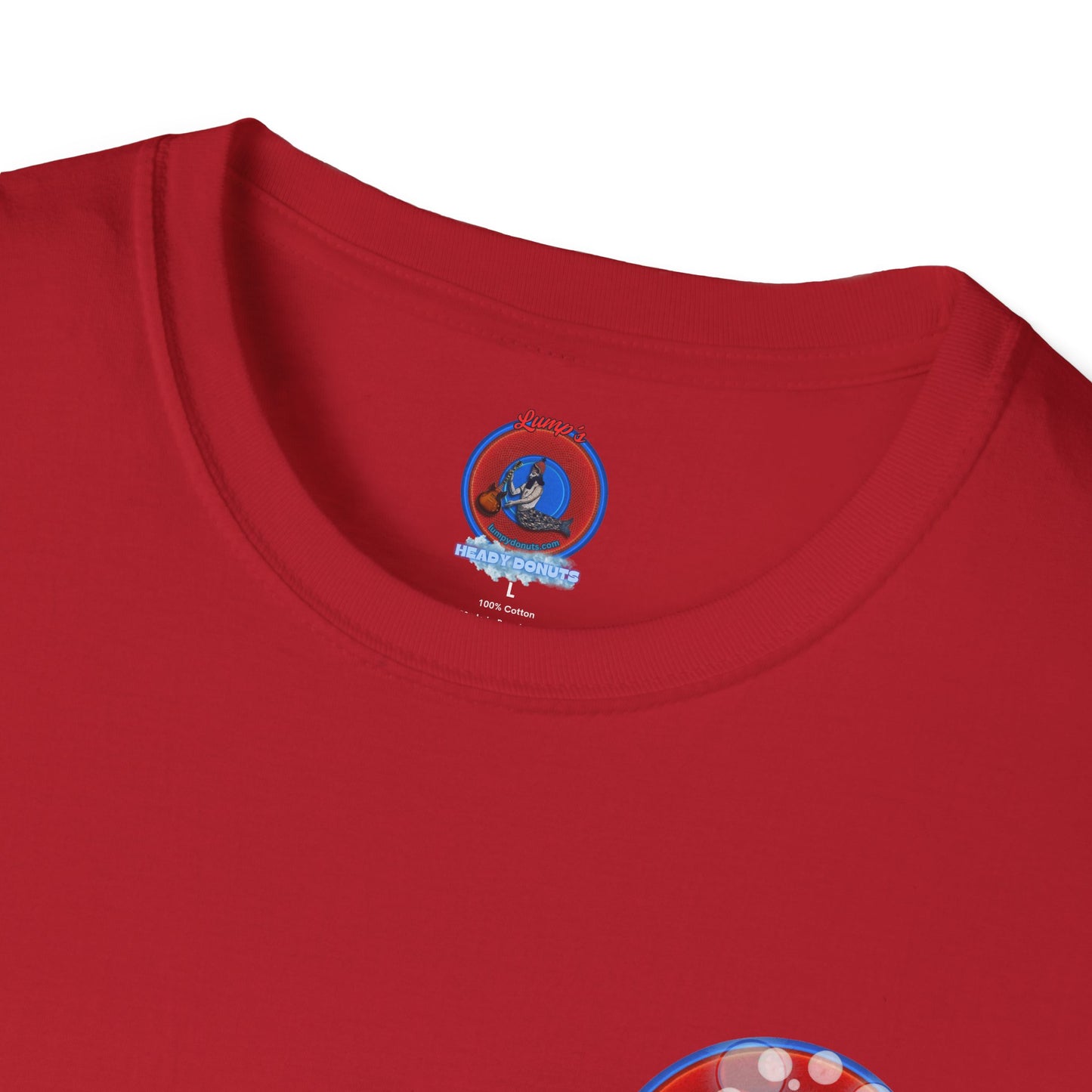 Classic Donut Tee - Unisex Soft-Style - "Bubbler's Donut Tee" - vivid red/blue donut