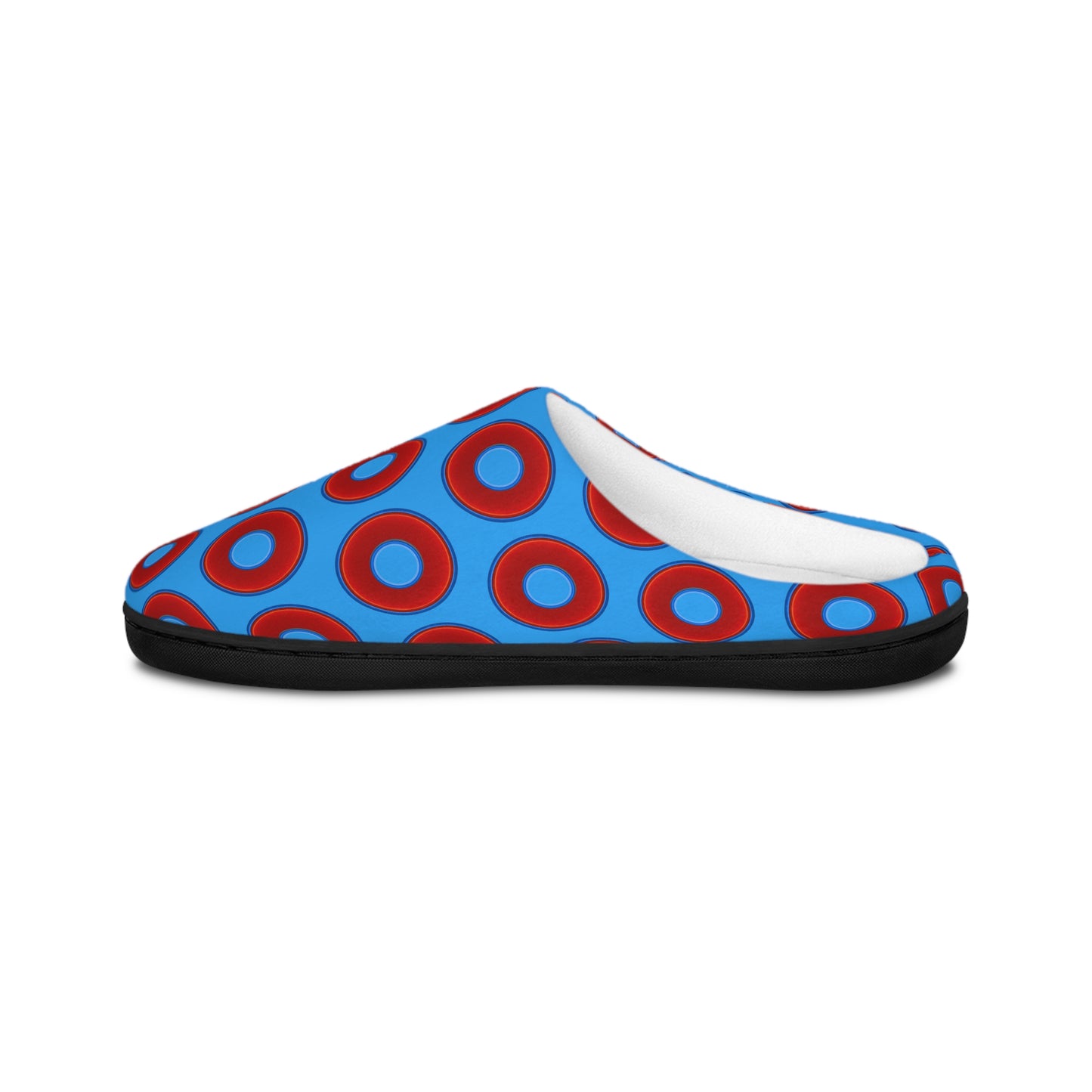 Men's Lumpy Slippers - red vivid donut print w/sky royal blue background