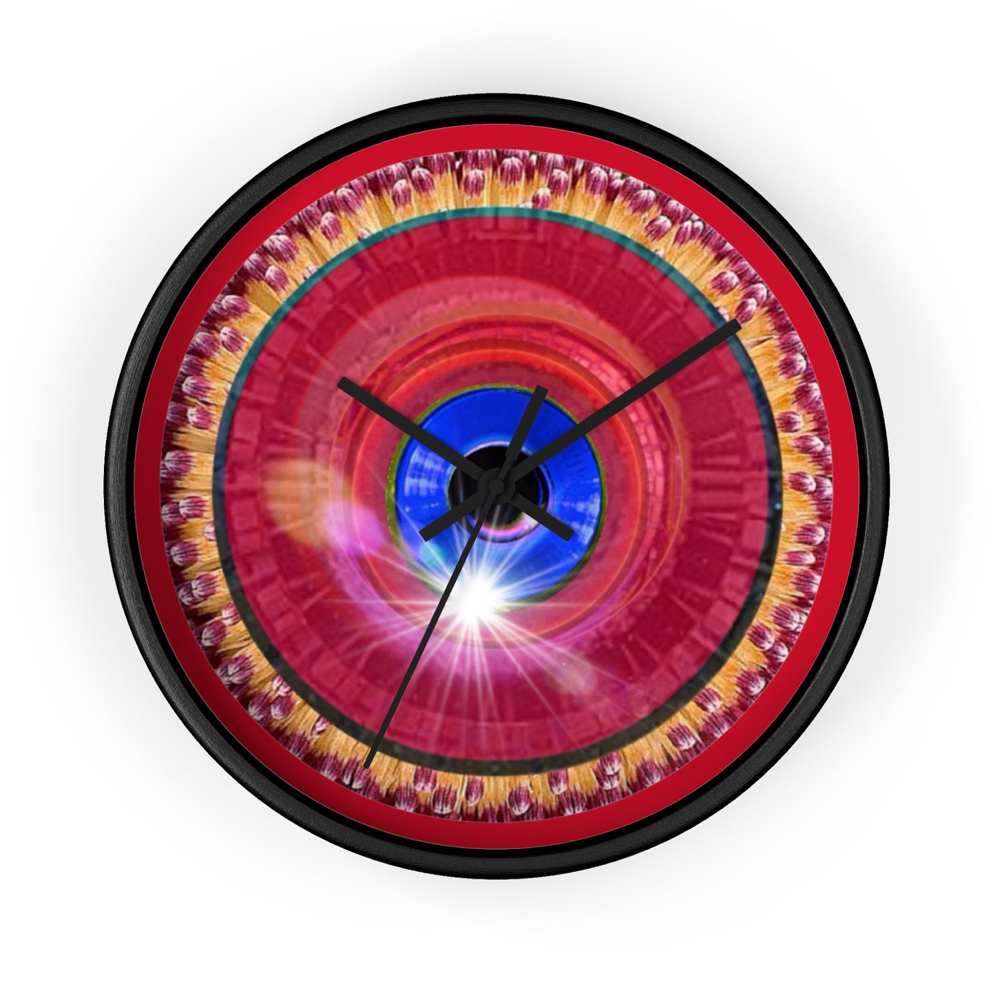 Lumpy Wall Clock - "Solitary Flour" - vivd red flower donut w/dark red background